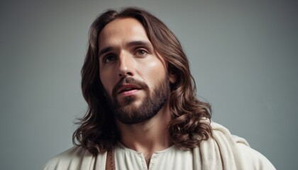  a man with long hair and a beard with a cross on his chest and a cross on his chest, wearing a white robe with a cross on his chest.