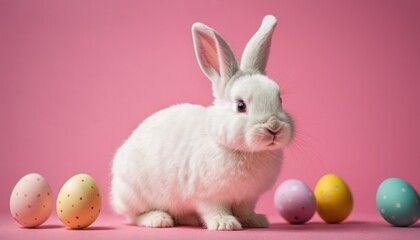  a white rabbit sitting in front of a group of colored eggs on a pink background with a pink wall behind it and a pink background with pastel eggs in the foreground.