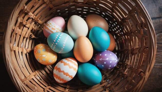  a basket filled with colorfully painted eggs on top of a wooden table in front of a wooden table with a basket of eggs on top of brown woven material.