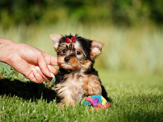 Yorkshire Terrier Puppy Sitting on Green Grass. Fluffy, cute dog Looks at the Camera. Domestic pets