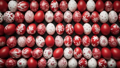  a bunch of red and white eggs with white snowflakes and snowflakes on them, all of which are decorated with red and white snowflakes.