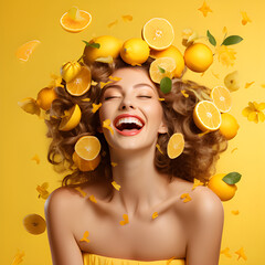 Obraz na płótnie Canvas Beautiful smiling woman with a lemon with yellow background
