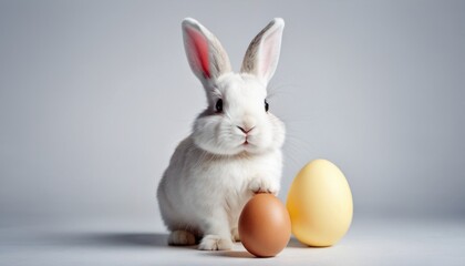  a white rabbit sitting next to an egg on a gray background with a gray background behind it and a yellow egg on the right side of the bunny's head.