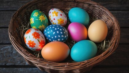 Fototapeta na wymiar a basket filled with colorfully painted eggs on top of a wooden table next to a wooden table with a wooden fence and a brown basket holding a variety of colorfully painted eggs.