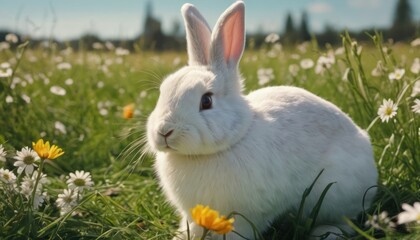  a white rabbit sitting in the middle of a field of daisies and daisies in the foreground, with trees in the background, and a blue sky in the background.
