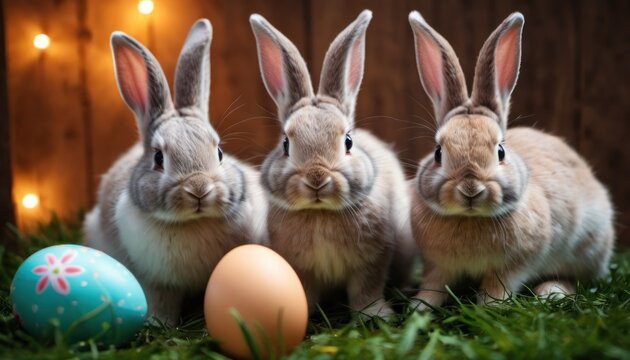 a group of three rabbits sitting next to each other on top of a field of grass next to an egg and a wooden fence with lights in the back ground.