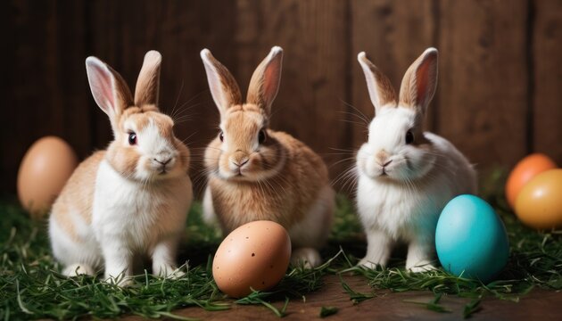  a group of three rabbits sitting next to each other on a field of grass next to an egg and two brown and one white rabbits sitting next to each other.