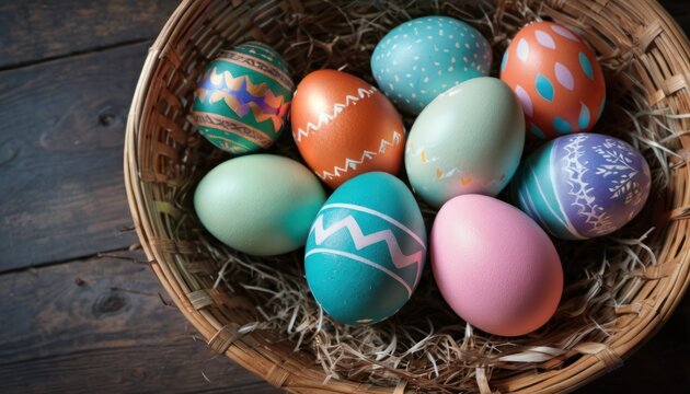  a basket filled with colorful easter eggs on top of a wooden floor next to a pile of hay and a basket of hay filled with eggs on top of hay.