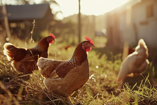 Chickens running free on farm, happy animals welfare and free range poultry. Generative AI