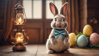  a rabbit with a blue bow tie sitting in front of a lantern and some eggs on a wooden floor with a lantern on the side and a window behind it. - obrazy, fototapety, plakaty