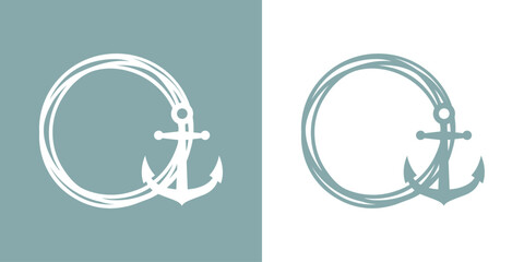 Logo Nautical. Marco circular con líneas con silueta de ancla de barco - obrazy, fototapety, plakaty