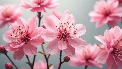  a bunch of pink flowers that are blooming on a plant with a blue sky in the backgrounnd of the picture and a light blue sky in the background.