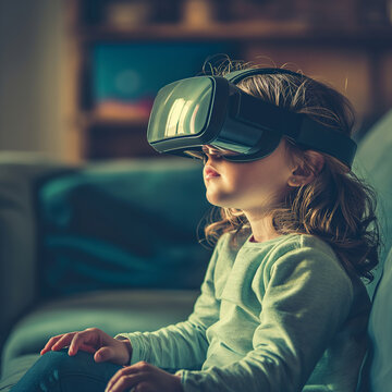 child wears virtual vr glasses on a couch and is looking at virtual images and clouds, generative ai