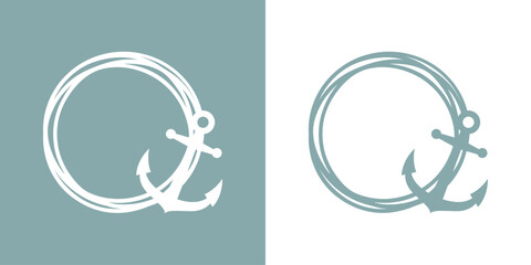 Logo Nautical. Marco circular con líneas con silueta de ancla de barco - obrazy, fototapety, plakaty