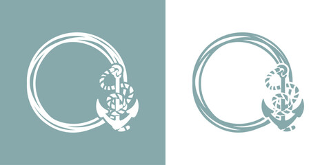 Logo Nautical. Marco circular con líneas con silueta de ancla con cuerda de barco