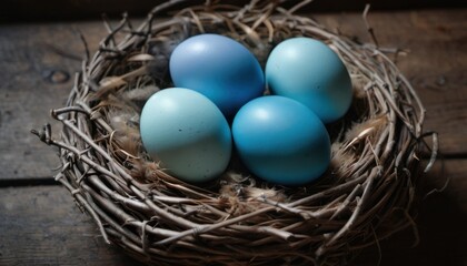 Naklejka na ściany i meble a nest filled with blue eggs sitting on top of a wooden table next to a bird's nest on top of a piece of wood with a bird's nest.