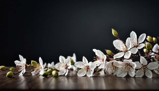  a bunch of white flowers sitting on top of a wooden table in front of a black background with space for a text or an image to put on the bottom of the picture.