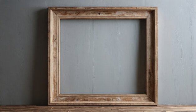  a wooden picture frame sitting on top of a wooden table next to a wall with a gray painted wall behind it and a light blue wall behind the picture frame.