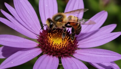  a close up of a bee on a flower with water droplets on it's petals and in the background, a blurry background of a blurry background.
