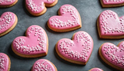 Obraz na płótnie Canvas heart shaped cookies with pink icing and white sprinkles arranged in a row on top of a baking sheet in the shape of a heart with pink icing and white sprinkles.