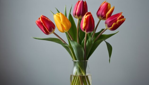  a vase filled with red, yellow and pink tulips on top of a table next to a gray wall with a gray wall behind the vase is filled with yellow and red and orange tulips.