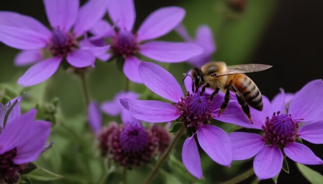  a bee sitting on a purple flower in the middle of it's blooming head, with another bee in the middle of the flower in the middle of the picture.