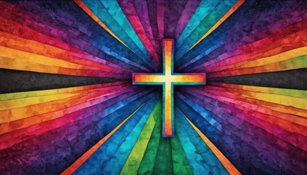  a cross on a multicolored background with a cross on the center of the image in the center of the cross is the colors of the rainbow and the cross.