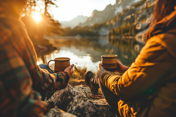 Couple out camping in the mountains enjoying their morning coffee by a mountain lake at sunrise. Shallow field of view.
 - obrazy, fototapety, plakaty