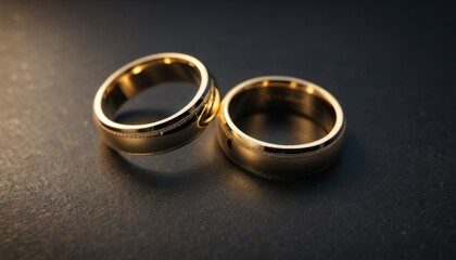 Obraz na płótnie Canvas two gold wedding rings sitting next to each other on top of a black surface with a light shining on the top of the two of the two of the rings.