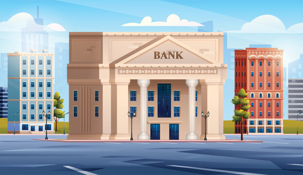 Bank building with city landscape background vector cartoon illustration