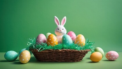  a basket filled with colorful eggs and an easter bunny sitting in the middle of a row of eggs on top of a green surface next to a row of smaller eggs.