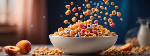 Vibrant, dynamic image of the exact moment milk and cereal spill into a bowl filled with crunchy cereal and fresh fruits. The blue background highlights the bright colors of the ingredients