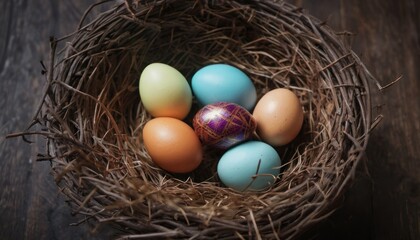  a bird's nest filled with eggs on top of a wooden table with a purple and blue egg in the middle of the nest and a purple egg on top of the nest.