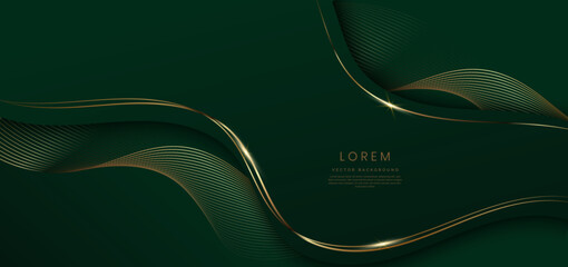 Abstract 3d green background with gold lines curved wavy sparkle with copy space for text. © Pramote