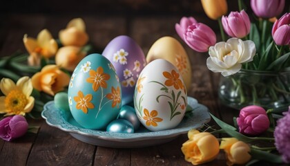 Obraz na płótnie Canvas a plate of painted eggs on a table with tulips and daffodils in a vase on the side of the plate and flowers in the background.