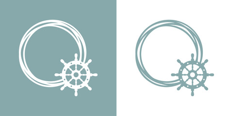 Logo Nautical. Marco circular con líneas con silueta de timón de barco