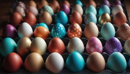 Foto op Canvas  a bunch of different colored eggs in a carton on a wooden table with one egg in the middle of the carton and one egg in the middle of the carton. © Jevjenijs