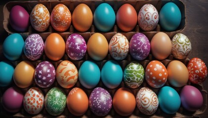 Fototapeta na wymiar a cardboard box filled with lots of different colored eggs on top of a wooden table with a pattern on the top of one of the eggs and a pattern on the side of the top of the eggs.