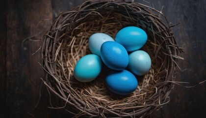 Naklejka na ściany i meble a nest filled with blue eggs sitting on top of a wooden table next to a blue bird's nest on top of a piece of wood with blue eggs in it.