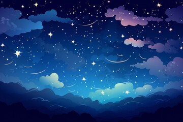 Fototapeta na wymiar Cartoon night sky with stars and clouds. Flat illustration background. 