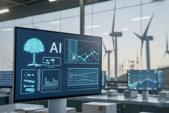 Text AI displayed on computer control panel screen, many wind generators in the background.