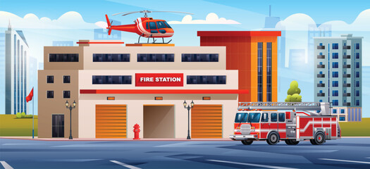Fire station building with fire truck and helicopter on cityscape background. Fire department and city landscape vector cartoon illustration