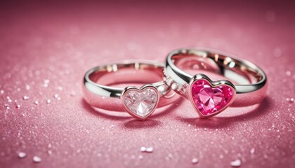  a close up of two wedding rings with a heart on the side of the ring and a smaller heart on the other side of the ring on a pink background.