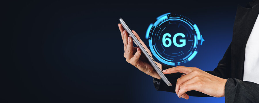 Woman hands with tablet and 6G glowing icon, network and futuristic technology