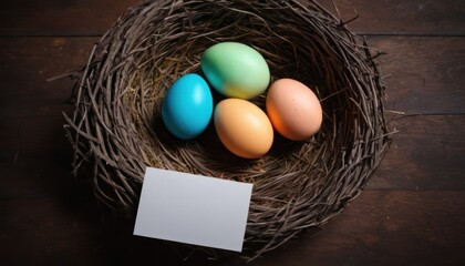  a bird's nest with four colored eggs and a blank card on a wooden surface with a place for a card to put on the side of the bird's nest.