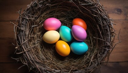  a bird nest filled with colored eggs on top of a wooden table next to a cup of coffee and a cup of coffee on the side of the bird's nest.
