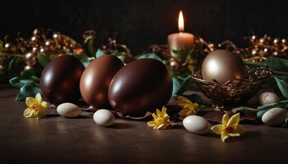  a group of chocolate eggs sitting on top of a table next to some flowers and a lit candle on top of a table with a bunch of flowers on it.