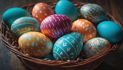 Fototapeta na wymiar a basket filled with colorful painted eggs on top of a wooden table in front of a wooden table with a wooden table top and a basket of colorful painted eggs.