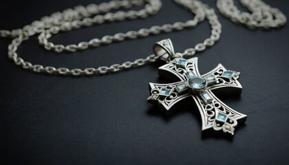 a silver cross on a chain with a blue stone in the center of the cross on a black surface with a chain to the side of the cross and a chain to the other side of the cross.