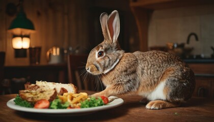 Obraz premium a rabbit sitting on a table next to a plate of food with a plate of food in front of it and a plate of food on the table next to it.